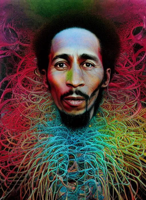 Prompt: colour masterpiece surreal closeup portrait photography of bob marley by miho hirano and annie leibovitz and michael cheval, weird surreal epic psychedelic complex biomorphic 3 d fractal landscape in background by kilian eng and roger dean and salvador dali and beksinski, 8 k