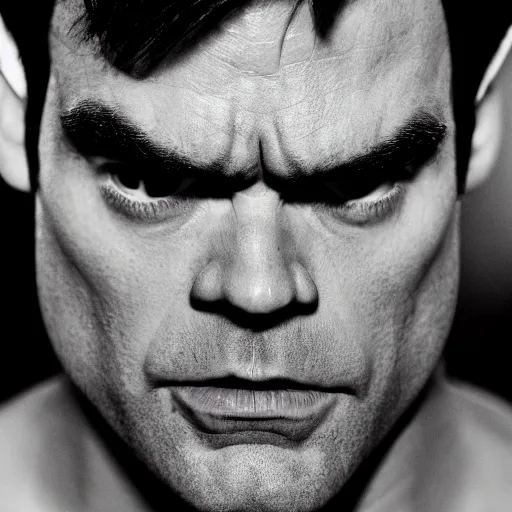 Prompt: Bill Hader as the Incredible Hulk, symmetrical, scowling, studio lighting, depth of field, photography, black and white, highly detailed