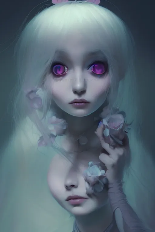 Image similar to super cute Bioluminescent gothic lolita character concept, soft light, soft mood, realistic body features and face, illustration, painting oil on canvas by Elena Zhurikhina and Goro Fujita and Charlie Bowater, octane render trending on artstation, 4k, 8k, HD