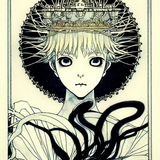 Image similar to prompt: Fragile looking vessel portrait soft light drawn by Takato Yamamoto, inspired by Fables, ancient crown, magical and alchemical weapons, soft light, white background, intricate detail, intricate ink painting detail, sharp high detail, manga and anime 2000