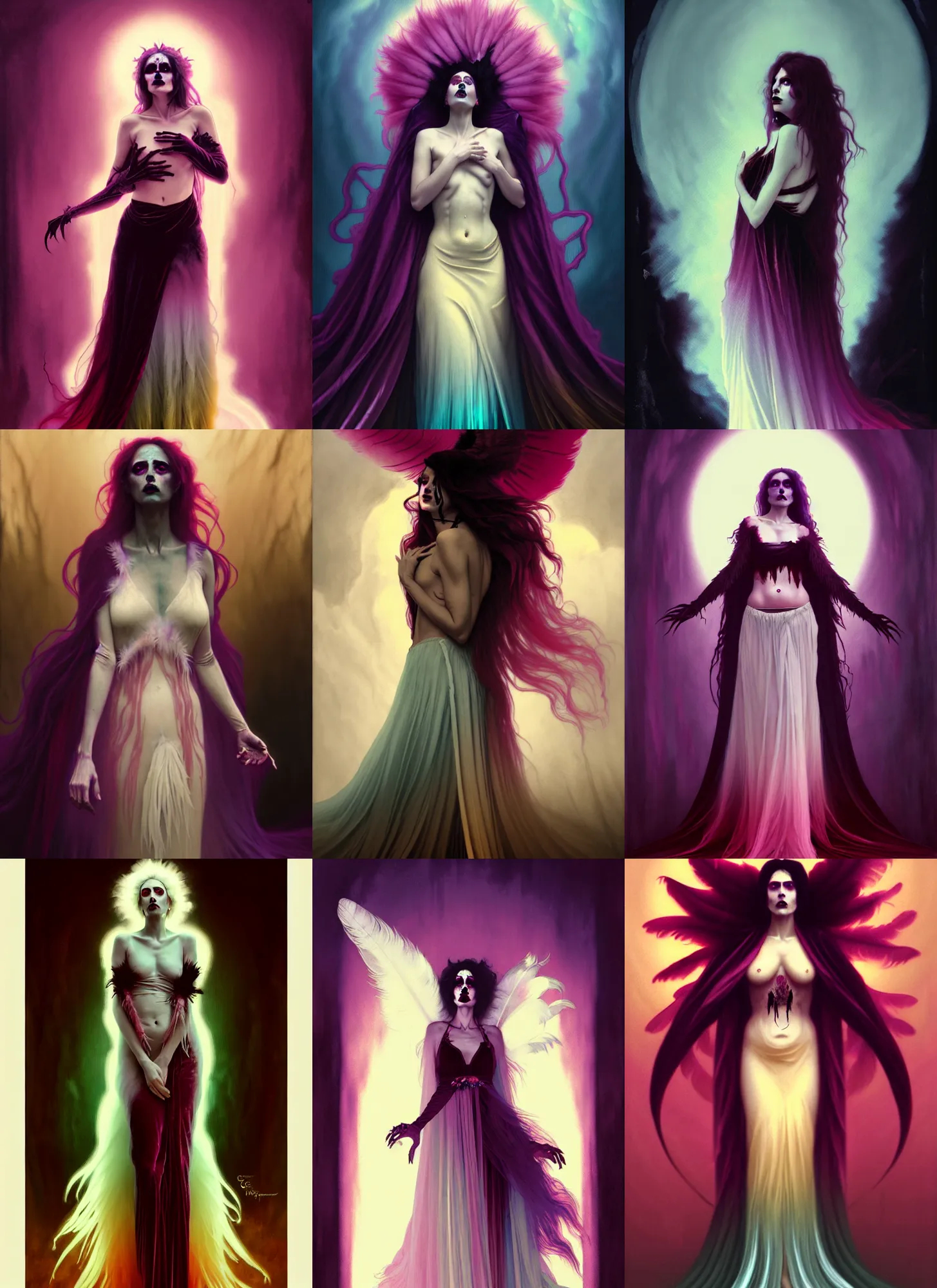 Prompt: ombre velvet gown, feathers, scary queen of death, pulling open her stomach, portrait, long white hair, corpse, feral languid woman, by greg rutkowski, anato finnstark, alphonse mucha, global illumination, radiant light