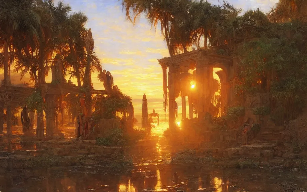 Prompt: a detailed oil painting by john williams waterhouse, thomas kincade, michael whelan and donato giancola of an arabian shrine, hyper detailed, hd, artstation, beautiful sunrise lighting