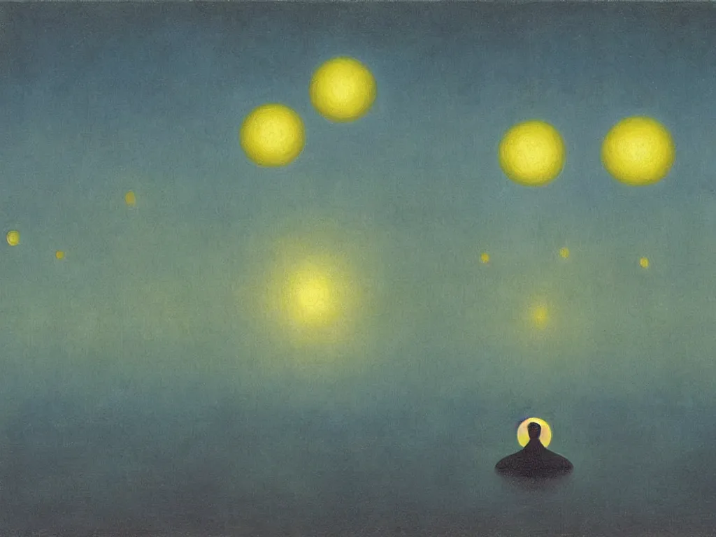 Image similar to bioluminescent spheres floating in row to infinity above the dark waters. painting by agnes pelton, max ernst, rene magritte, bosch.