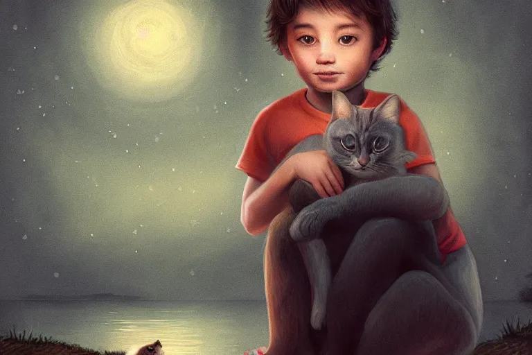 Prompt: portrait of a little boy and his cat, photorealistic face and skin tones, dreamy moonlit nightscape by the garden, lake house, smooth, matte colors, trending on artstation, 4 k, 8 k