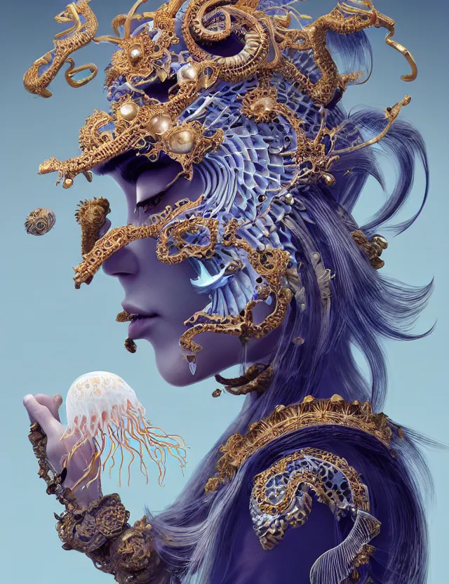 Image similar to 3 d goddess close - up profile portrait with crown, ram skull. beautiful intricately detailed japanese crow kitsune mask and clasical japanese kimono. betta fish, jellyfish phoenix, bio - luminescent, plasma, ice, water, wind, creature, artwork by tooth wu and wlop and beeple and greg rutkowski