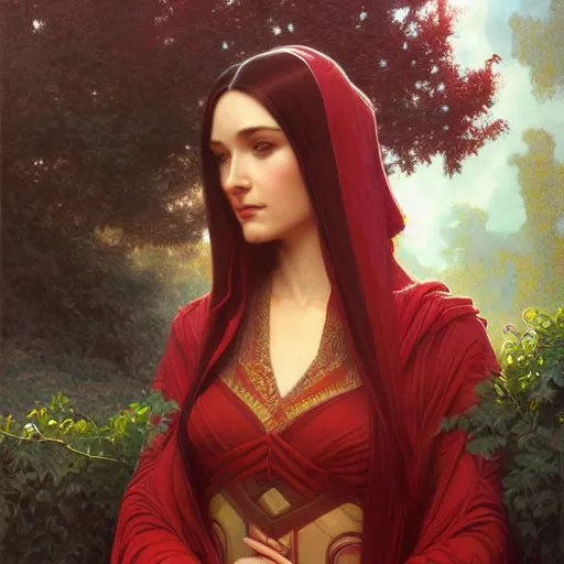 Prompt: romulan queen with red trees in background, intricate, elegant, highly detailed, digital painting, artstation, concept art, smooth, sharp focus, illustration, art by artgerm and greg rutkowski and alphonse mucha and william - adolphe bouguereau