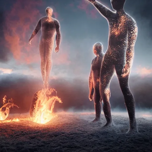 Prompt: extremely realistic Legendary elemental Middle orders Dominions Virtues figure infused with coalesced crystalline fire by Erik Johansson, perfect light