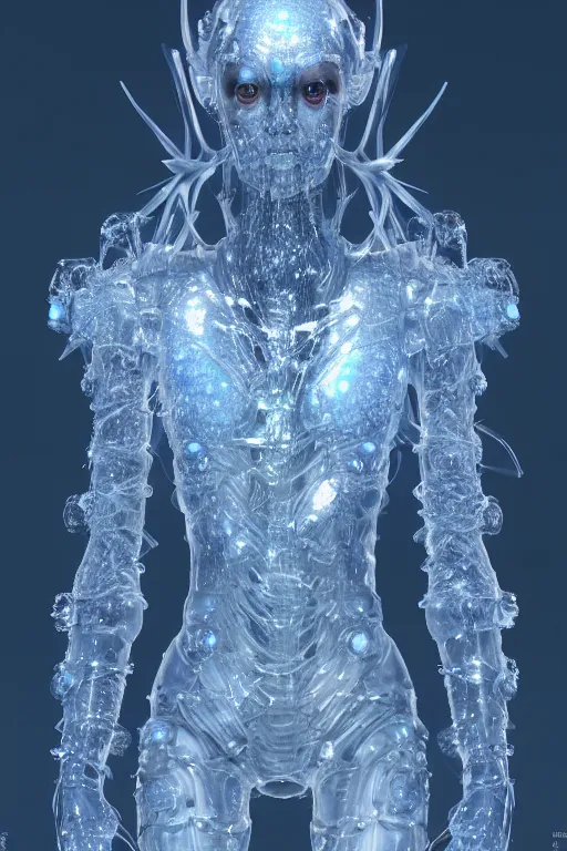 Image similar to skin concept anthropomorph, biopunk, in full growth, magical crystals, smoky crystals, translucent crystals, luminous sparkling crystals, many details, 3 d, cinematic, hyper realism, high detail, octane render