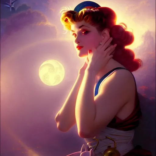 Image similar to of Sailor Moon, dark fantasy, medium shot, intricate, elegant, highly detailed, digital painting, volumetric light, artstation, concept art, smooth, sharp focus, illustration, art by Gil Elvgren and Greg Rutkowski and Alphonse Mucha