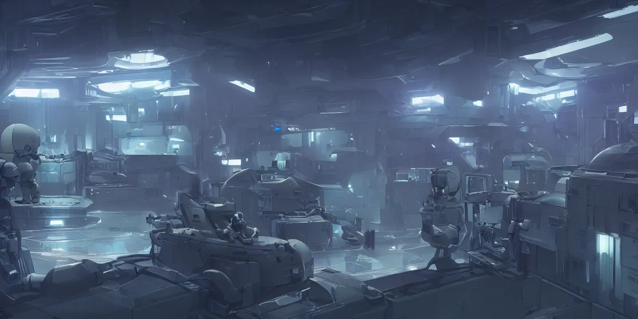 Prompt: a futuristic cyborg clone incubator room, cyborg clone in a vat tank, dark warm cool light, dark atmosphere, cel - shading, cinematic, artstation, by makoto shinkai, high detailed