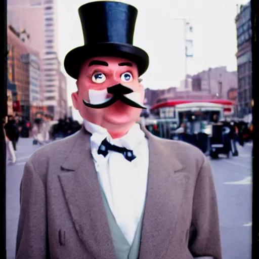 Image similar to mr monopoly 1930s street performer, 35mm film