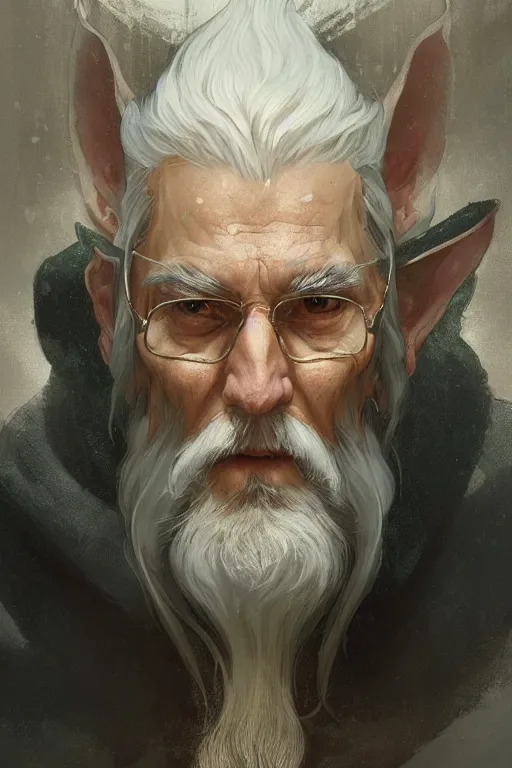 Prompt: a highly detailed portrait painting of an elderly healer elf male, long white beard, long elf ears, asian decent, by greg rutkowski and alphonse mucha, sharp focus, matte, concept art, artstation, digital painting