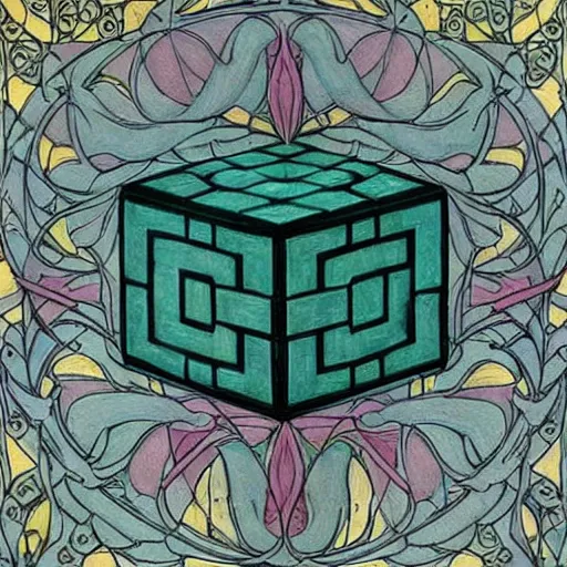 Image similar to beautiful art nouveau painting of companion - cube!!!!!!!!!!!!!!!!! companion - cube!!!!!!!!!!!!!!!!!, by william morris, gaudy colors. intricate linework. sharp edges.