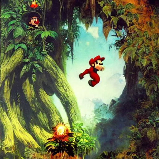 Prompt: super mario lost in mystic jungle on oil painting by frank frazetta