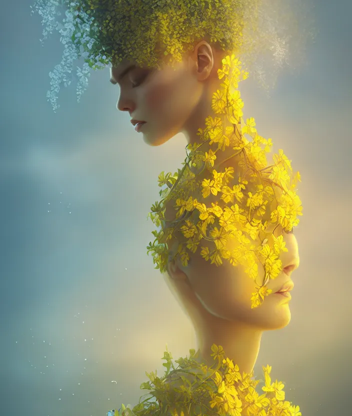 Image similar to a beautiful yellow woman, symmetrical portrait, realistic, full body, white orchids, vine twist, 8 k, rich details, nuclear sunset, mist, volumetric lighting, by wlop