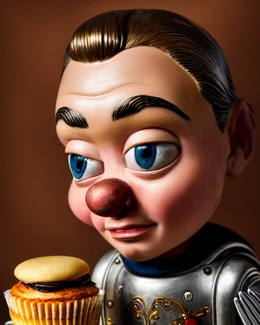 Image similar to highly detailed closeup, face profile portrait of a tin toy leonardo dicaprio as a medieval goblin eating cakes in a castle, hyper realistic, artstation, illustration, nicoletta ceccoli, mark ryden, lostfish, dan decarlo, bob clampett, max fleischer, digital paint, matte paint, vivid colors, detailed and intricate environment