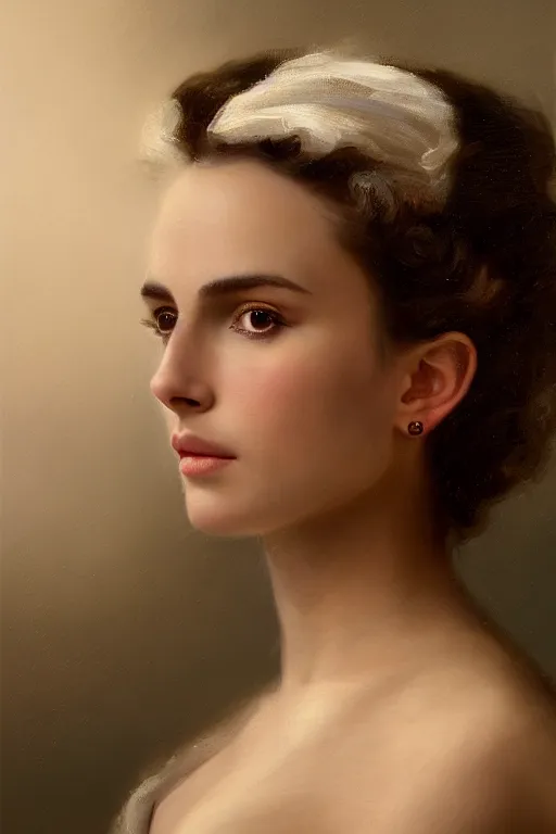 Image similar to Nathalie Portman portrait, loving amber eyes, a shy face, style portrait painting of François Boucher, Oil Painting, unreal 5, DAZ, hyperrealistic, octane render, Regal, Refined, Detailed Digital Art, RPG portrait, William-Adolphe Bouguereau, Michael Cheval, dynamic lighting, Highly Detailed, Cinematic Lighting, Unreal Engine, 8k, HD