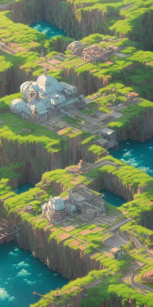 Image similar to highly detailed vfx isometric landscape of studio ghibli, stephen bliss, unreal engine, greg rutkowski, loish, rhads, beeple, makoto shinkai and lois van baarle, ilya kuvshinov, rossdraws, tom bagshaw, alphonse mucha, global illumination, detailed and intricate environment