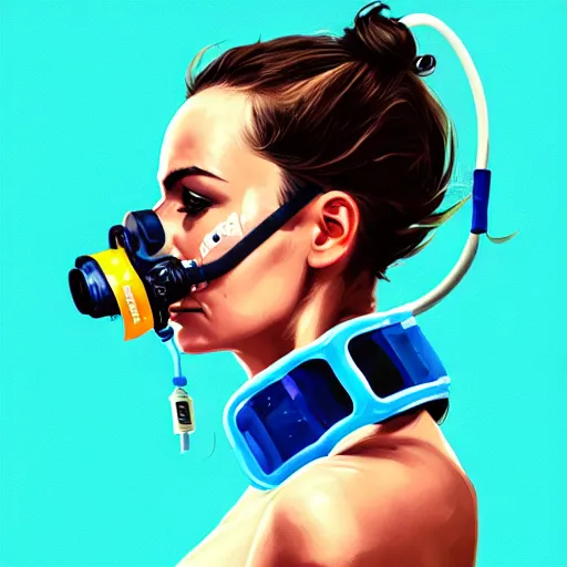 Prompt: a profile photo of a diver with oxygen mask, side profile in underwater, highly detailed, digital painting, artstation, concept art, smooth, sharp focus, illustration by Sandra Chevrier