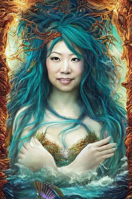 Image similar to a beautiful portrait of ming - na wen as a mermaid in a river of the amazon, ayahuasca, fantasy art, highly detailed, matte painting, visionary art