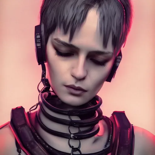 Image similar to detailed realistic female character cyberpunk wearing thick leather collar around neck, realistic, art, beautiful, 4K, collar, choker, collar around neck, punk, artstation, detailed, female, woman, choker, cyberpunk, punk, collar, choker, collar around neck,