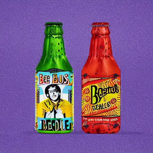 Image similar to an advertisement for a beatles soda, with the beatles pasted on the packaging, soda bottle with a small illustration of the beatles pasted on the packaging, award winning, studio light, 4K