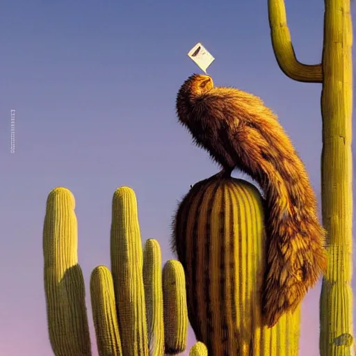 Prompt: A dodo bird perched atop a Saguaro cactus in the desert, full body, digital art, trending on Artstation, high detail, sharp focus, illustration, art by artgerm and greg rutkowski and alphonse mucha.