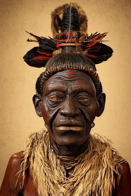 Image similar to portrait, headshot, digital painting, an old witchdoctor in african benin wooden painted ritual mask, realistic, hyperdetailed, chiaroscuro, concept art, art by frans hals