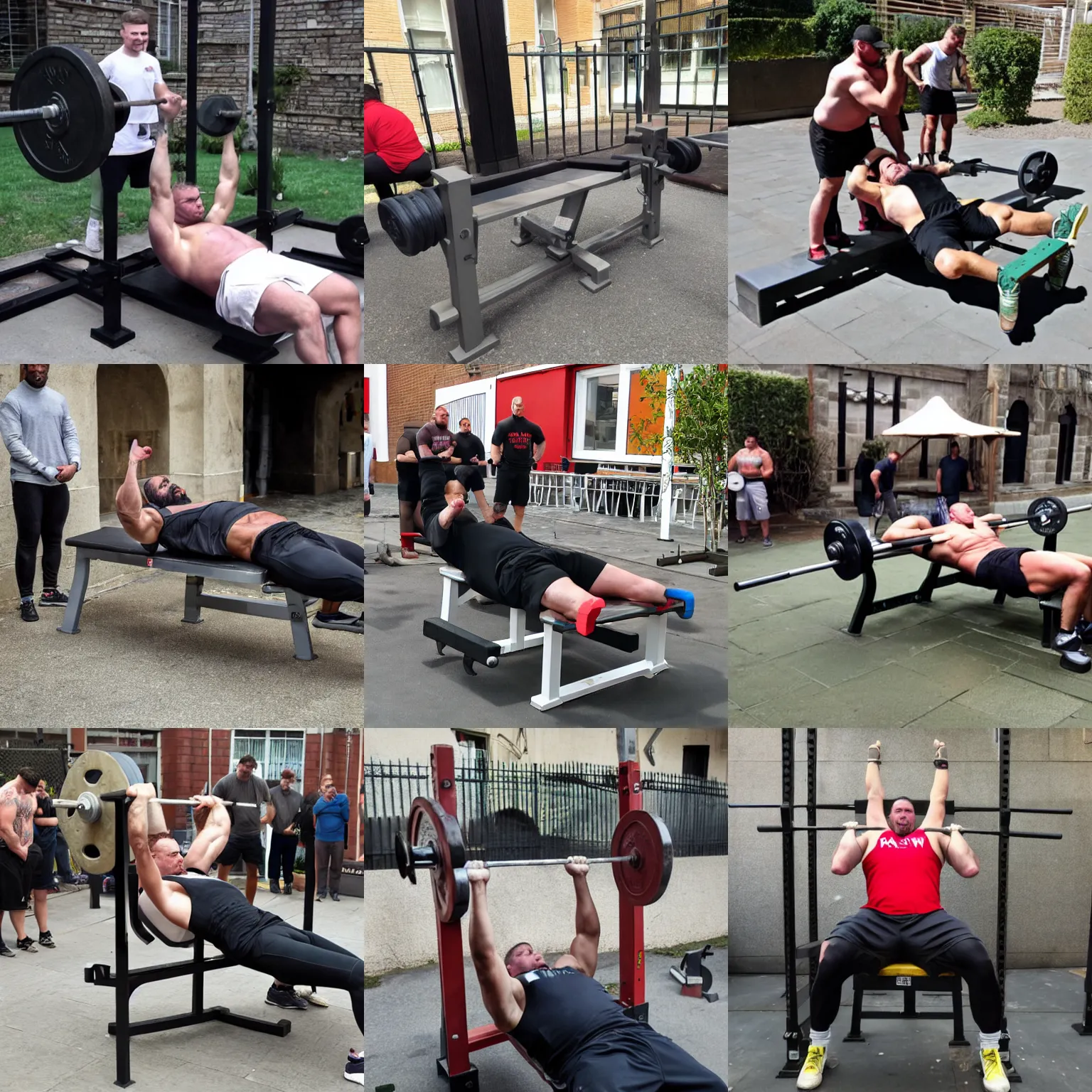 Prompt: raw 6 0 0 0 kg bench press attempt in a busy courtyard