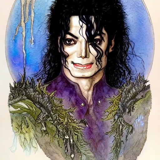 Image similar to a realistic and atmospheric watercolour fantasy character concept art portrait of michael jackson as a druidic warrior wizard looking at the camera with an intelligent gaze by rebecca guay, michael kaluta, charles vess and jean moebius giraud