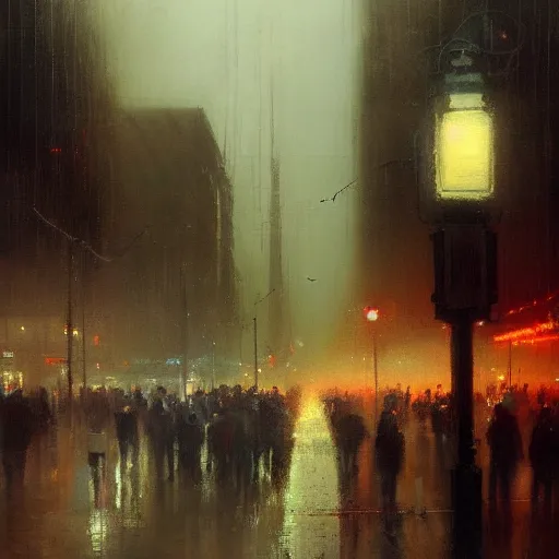 Image similar to dallas skyline, street scene, light rain and gentle fog, people crowding, painting by jeremy mann