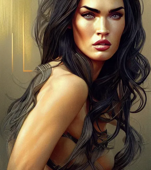 Image similar to a megan fox wearing a golden dress, grey hair, red necktie, cinematic, stunning, highly detailed, digital painting, artstation, smooth, hard focus, full body shot, illustration, art by artgerm and greg rutkowski and alphonse mucha