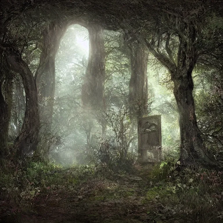 Prompt: Secret lit doorway portal in the dark mysterious forest photorealistic