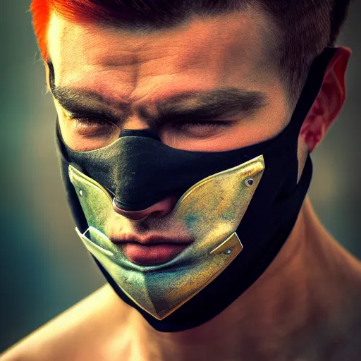 Image similar to portrait of a male warrior with split face mask,fantasy, D&D, HDR, natural light, dynamic pose, award winning photograph, 8k, Mucha style,