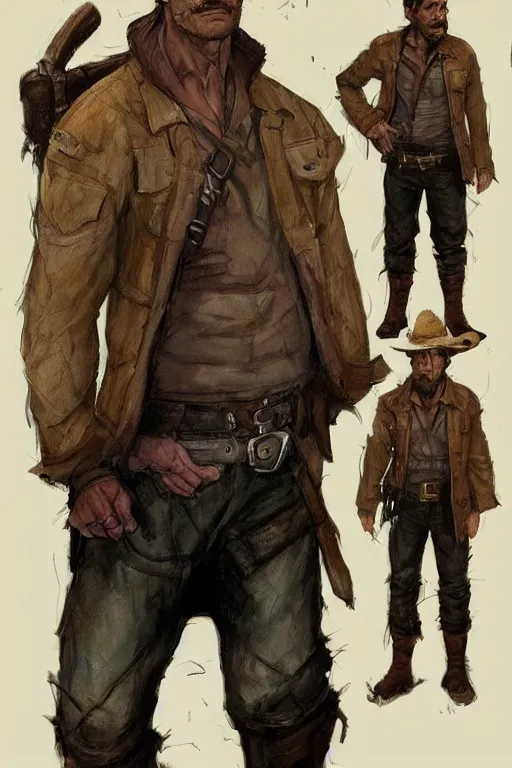 Image similar to character design, reference sheet, 40's adventurer, unshaven, optimistic, stained dirty clothing, straw hat, heavy boots, leather bomber jacket, detailed, concept art, realistic, hyperdetailed, , art by Frank Frazetta