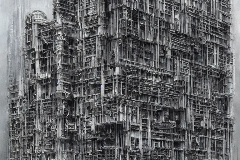 Prompt: building covered in dense machinery, concept art by h. r. giger