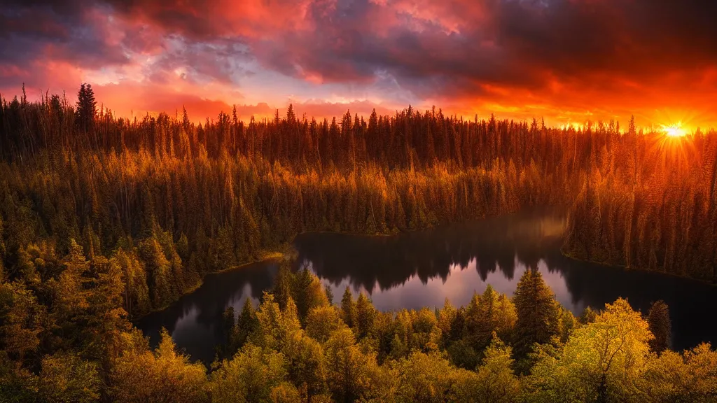 Prompt: amazing landscape photo of a forest with lake in sunset by marc adamus, beautiful dramatic lighting