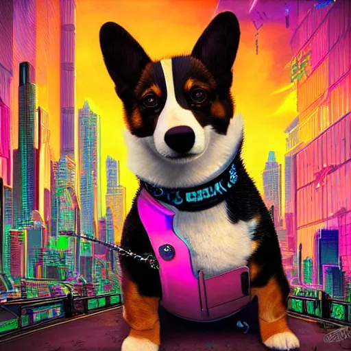 Prompt: a cool cyberpunk corgi puppy in an urban cityscape, highly detailed digital art for a run the jewels album, colorful, stylized