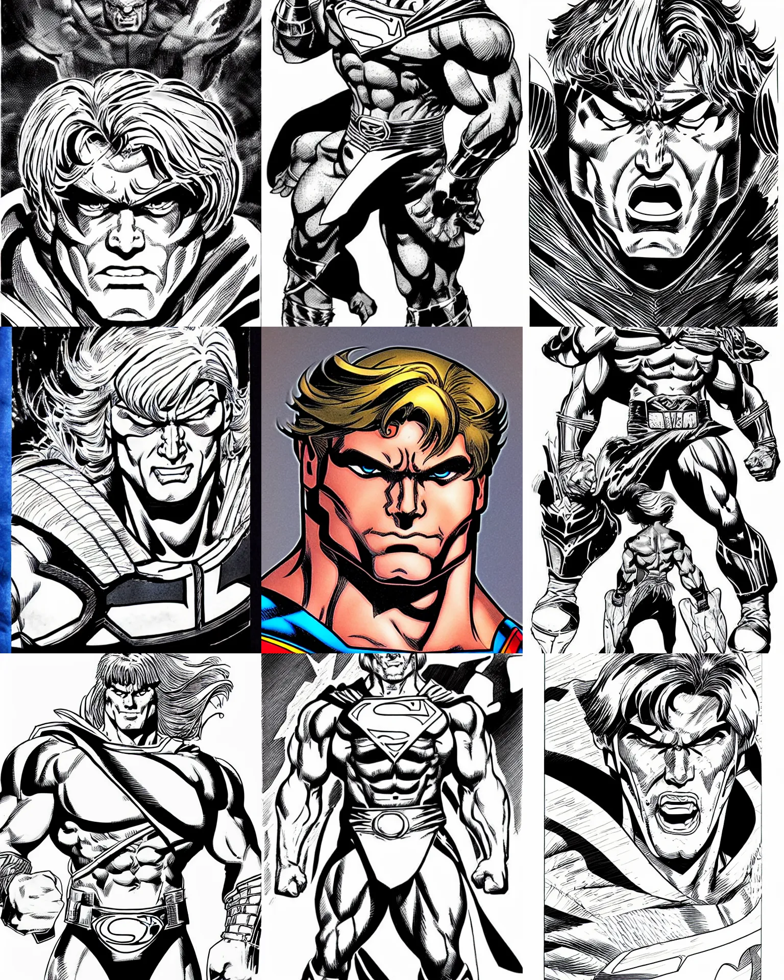 Prompt: he - man!!! jim lee!!! face shot!! flat ink sketch by jim lee face close up headshot superman costume in the style of jim lee, x - men superhero comic book character by jim lee