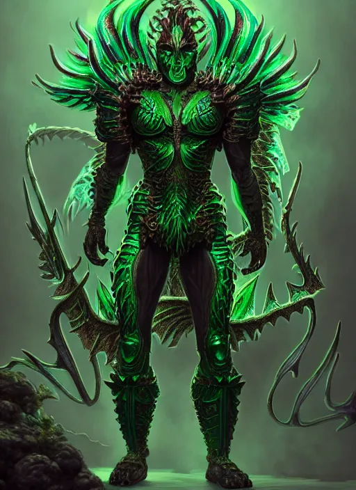 Image similar to muscular and tall green ghostly fire humanoid dragon!!!! draconian!! intricate ornate iridescent heavy armor!! character concept art, sharp focus, octane render! unreal engine 5! highly rendered!! trending on artstation!! detailed linework!! illustration by artgerm, wlop, and chie yoshii