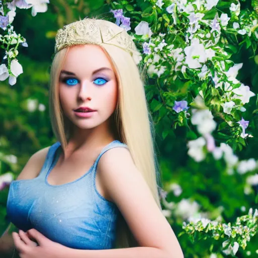 Prompt: beautiful gorgeous young elf princess blonde hair blue eyes in the garden high quality