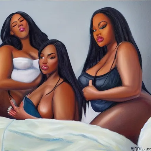 Prompt: photorealistic, stunning, coherent, beautiful painting, still of a group of black bbw models taking a picture of each other posing in the same bed , they are all laying down, one of them is on the phone with her boyfriend , 3d, in the style of pixar, smooth, 3d, highly detailed, highly detailed, sharp focus, bokeh, depth of field, 16k resolution, Unreal Engine 5, coherent, cinematic lighting, photorealistic
