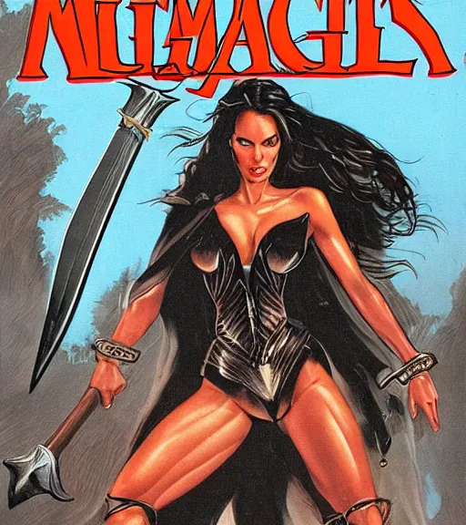 Prompt: 1 9 8 0 s fantasy novel book cover, amazonian angelina jolie in extremely tight bikini armor wielding a cartoonishly large sword, exaggerated body features, dark and smoky background, low quality print