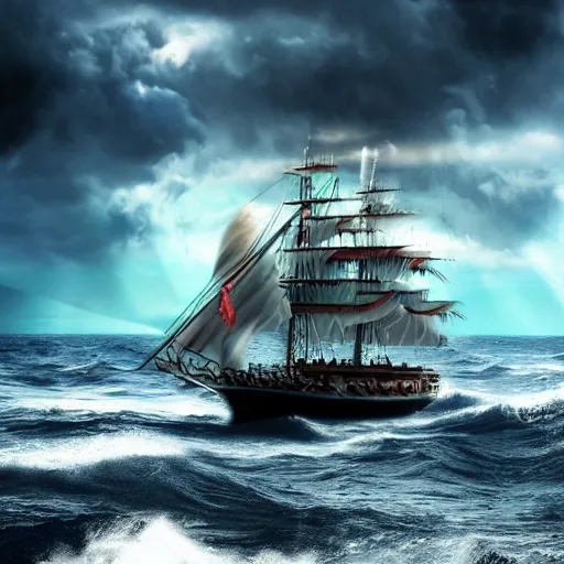 Prompt: pirate ship from one piece sailing, dynamic sky, storm sky, with light piercing through stormy clouds, birds near the ship, rough sea, crepuscular rays, volumetric lighting, pixiv art, cgsociety, highly detailed