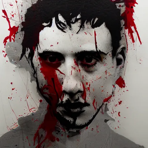Prompt: matte portrait of a depressed young man covered in blood, by Antony Micallef, minimalist cubism