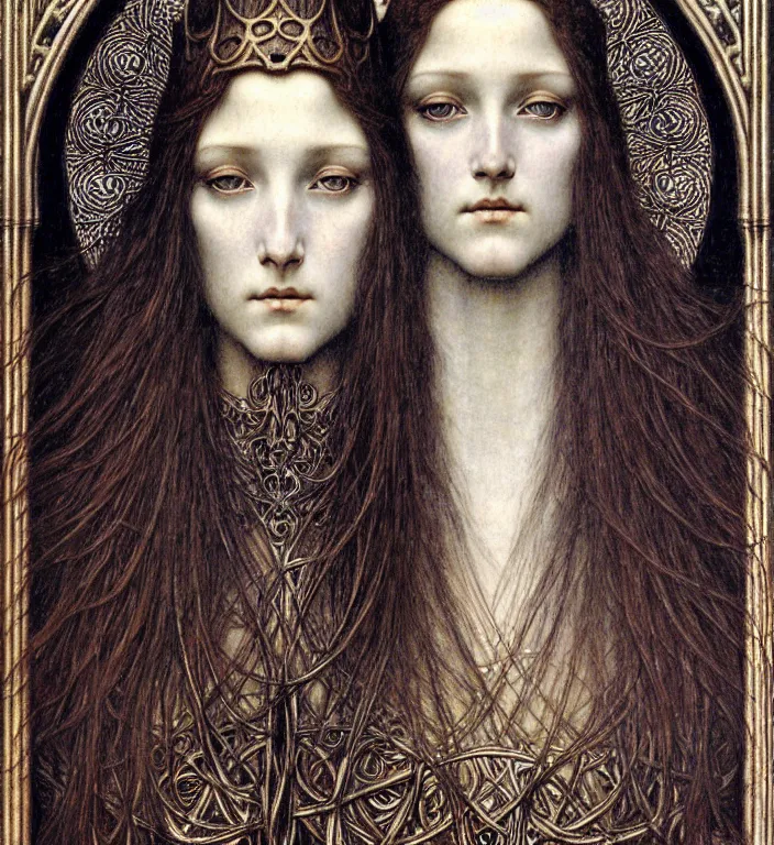 Image similar to detailed realistic beautiful young medieval queen face portrait by jean delville, gustave dore and marco mazzoni, art nouveau, symbolist, visionary, gothic, pre - raphaelite. horizontal symmetry