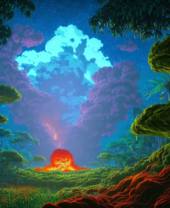 Image similar to simplicity, a schoolhouse made out of exotic fungus, overgrown with lush floral jungle, milky way, hellscape, hell, fire, brimstone, lava, biological, by dan mumford, yusuke murata, makoto shinkai, ross tran, cinematic, unreal engine, cel shaded, featured on artstation, pixiv