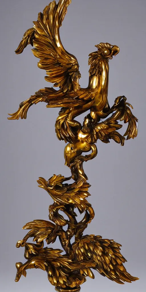 Prompt: baroque wood and gold phoenix sculpture with jade veins