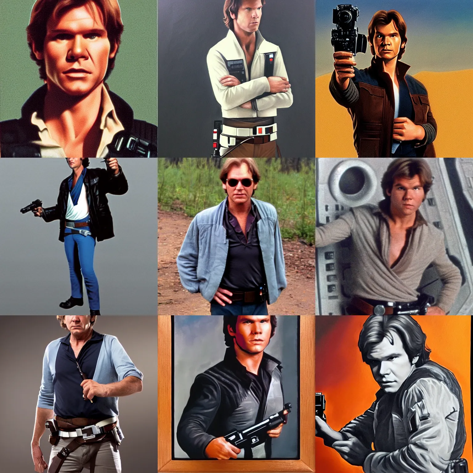 Prompt: selfi body portrait of han solo, hands in the pockets pose