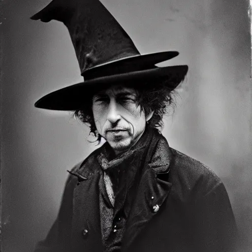 Prompt: wet plate photograph of bob dylan wearing a ancient medieval wizard hat, victorian era boiler room, coal dust, burnt, realistic